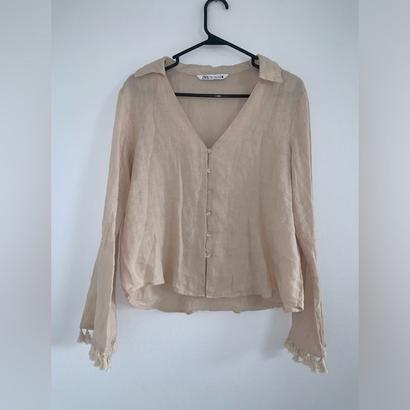 Zara Linen Fringe Bell Sleeve Button Down Shirt - Picture 3 of 9